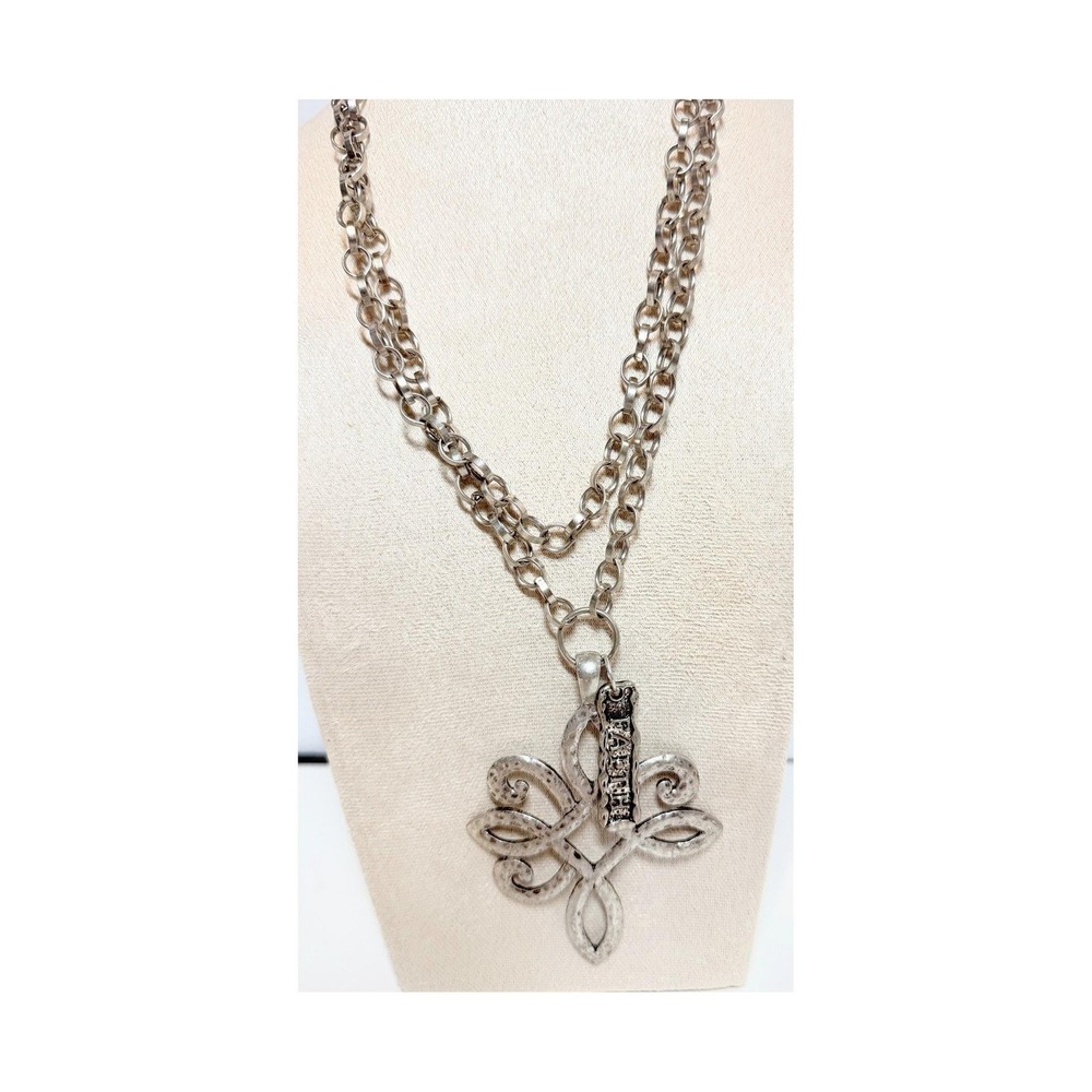 Long Silver Tone Cross Necklace Faith Charm Chunky Chain 34 Inch